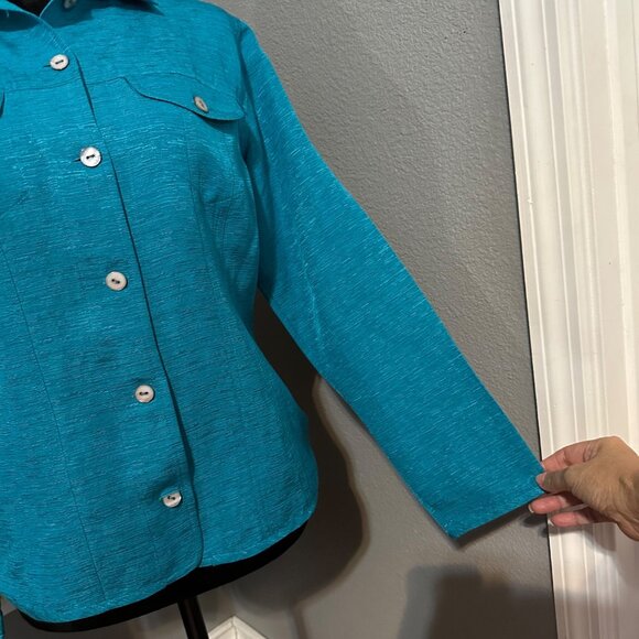 Chicos Blouse Womens Size 0 U.S. Small Teal Button-Up Silk Linen Blend Shirt - Picture 3 of 9